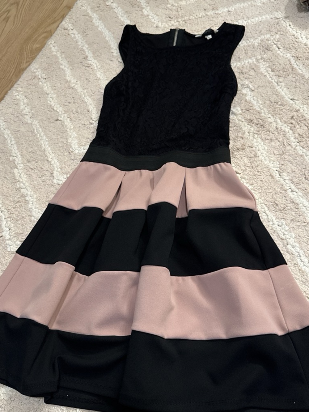 Speechless Black and Blush Striped Lace Fit-and-Flare Dress